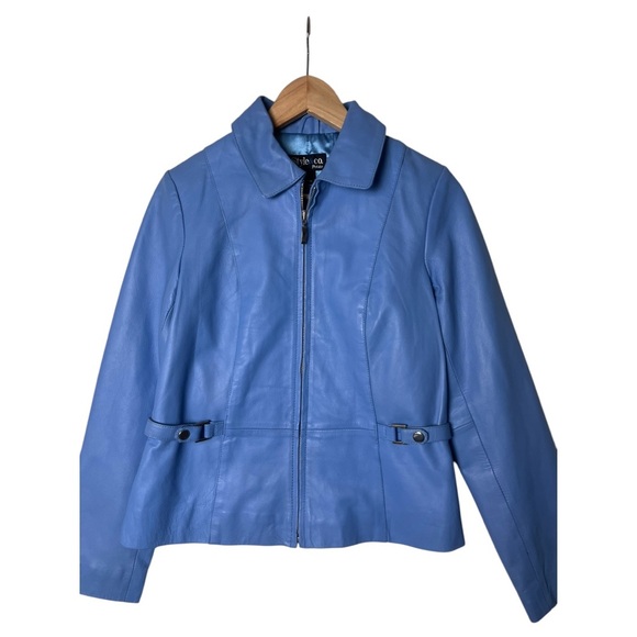 Vintage Y2K Blue Leather Jacket Collared Button Up Womens S 1847 - Picture 2 of 4